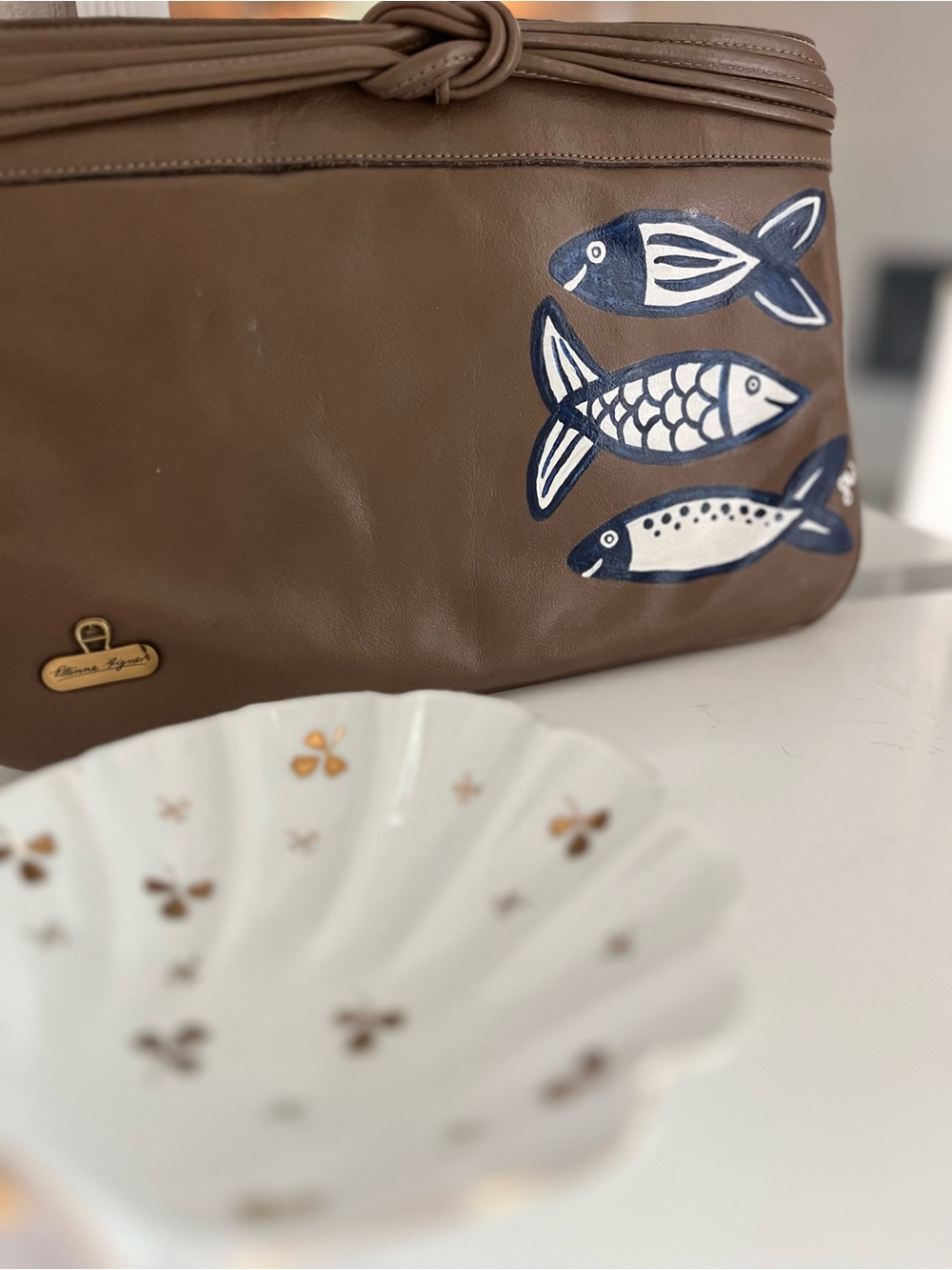 Etienne Aigner Brown Clutch with Navy & White Sardine Fish Motif